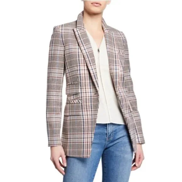 New Veronica Beard FULLER CHECK SINGLE-BUTTON DICKEY JACKET Cream Blue/ Rose Sz2